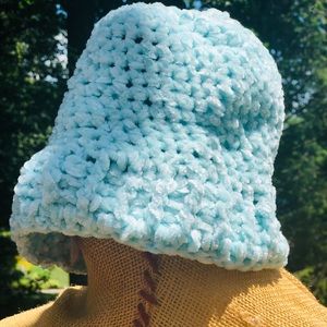 Soft chenille hand crocheted blue hat
